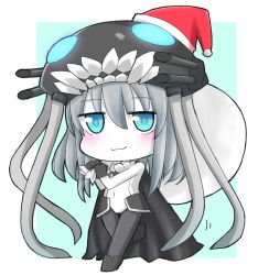 Rule 34 | 10s, 1girl, :3, abyssal ship, bad id, bad pixiv id, bag, blue eyes, bodysuit, cape, chibi, gloves, hat, iriomote umineko, kantai collection, looking at viewer, monster, pantyhose, personification, santa hat, silver hair, solo, turret, wo-class aircraft carrier