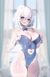 Rule 34 | 1girl, animal ears, bare shoulders, bear ears, blue bow, blue bowtie, blue eyes, blue leotard, blush, bow, bowtie, breasts, clothing cutout, collarbone, commentary, detached collar, english commentary, highleg, highleg leotard, highres, large breasts, leotard, looking at viewer, navel cutout, original, pantyhose, parted lips, patreon username, short hair, smile, solo, thighband pantyhose, tofuu-chan (tofuubear), tofuubear, white hair, white pantyhose, wrist cuffs