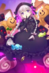 Rule 34 | 1girl, beret, black dress, black hat, blush, braid, breasts, candy, doll joints, dress, echo (circa), fate/grand order, fate (series), food, frills, golem, grey hair, hat, joints, lollipop, long hair, looking at viewer, nursery rhyme (fate), open mouth, puffy short sleeves, puffy sleeves, purple eyes, short sleeves, small breasts, smile, twin braids