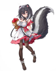 Rule 34 | 1girl, :o, absurdres, apple, bag, bare shoulders, black hair, blush, boots, breasts, brown footwear, brown pantyhose, cannian dada, character request, cleavage, cross-laced footwear, flower, food, frilled skirt, frills, fruit, full body, grey eyes, hair between eyes, highres, holding, holding bag, lace-up boots, large breasts, multicolored hair, pantyhose, paper bag, parted lips, red: pride of eden, red apple, simple background, skirt, skunk ears, skunk girl, skunk tail, solo, streaked hair, white background, white flower, white hair, white skirt, wrist cuffs