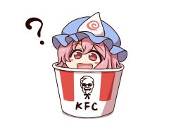 Rule 34 | 1girl, :d, ?, blue hat, blush stickers, bucket, hair between eyes, hat, highres, in bucket, in container, kfc, mob cap, open mouth, pink eyes, pink hair, saigyouji yuyuko, shitacemayo, short hair, simple background, smile, solo, touhou, triangular headpiece, white background