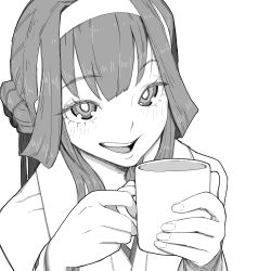 Rule 34 | 1girl, :d, bright pupils, cup, double bun, fingernails, greyscale, hairband, highres, holding, holding cup, kantai collection, kongou (kancolle), long hair, looking at viewer, monochrome, mug, open mouth, simple background, smile, solo, tocky, upper body, white background, white pupils
