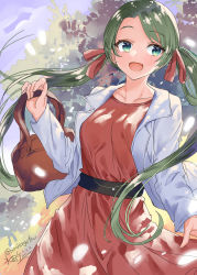 Rule 34 | 1girl, :d, artist name, bag, collarbone, dress, green eyes, green hair, highres, jacket, kantai collection, long hair, mikuma (kancolle), mizuta kenji, one-hour drawing challenge, open mouth, red dress, shoulder bag, signature, smile, solo, twintails, twitter username, white jacket