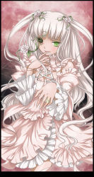 Rule 34 | 00s, 1girl, doll joints, dress, eyepatch, female focus, finger to mouth, flower, frills, gradient background, green eyes, highres, jewelry, joints, kirakishou, mtyy, ring, rose, rozen maiden, solo, twintails, white hair