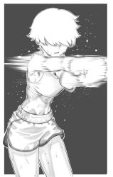 Rule 34 | 1girl, abs, black background, boxing, boxing gloves, boxing shorts, commentary request, gloves, greyscale, hair over eyes, highres, midriff, monochrome, original, punching, rggr, short hair, shorts, simple background, solo, standing, sweat
