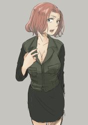 Rule 34 | 10s, 1girl, azumi (girls und panzer), bare legs, breasts, cleavage, girls und panzer, green eyes, hand on own chest, highres, kani aruki (bucket crawl), large breasts, leaning forward, looking at viewer, open collar, open mouth, parted bangs, pencil skirt, red hair, selection university military uniform, short hair, skirt, solo