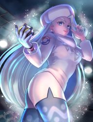 Rule 34 | 1girl, blue eyes, breasts, commentary request, creatures (company), dynamax band, earrings, fur hat, game freak, gloves, gym leader, hat, highres, holding, holding poke ball, jewelry, light, long hair, mature female, melony (pokemon), mitama (mokochiko), nail polish, nintendo, pantyhose, pantyhose under shorts, parted lips, poke ball, pokemon, pokemon swsh, scarf, shorts, side slit, side slit shorts, single glove, smile, solo, sparkle, stadium, sweater, ultra ball, white hat, white scarf, white shorts, white sweater