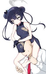 Rule 34 | 1girl, bare arms, bare legs, bare shoulders, black gloves, black hair, blue archive, china dress, chinese clothes, commentary request, dress, gloves, grey eyes, highres, kisaki (blue archive), murumuru (mr mr pr pr), sensei (blue archive), shirt, textless version, thighs, white shirt