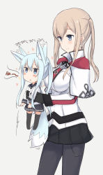 Rule 34 | 10s, 2girls, absurdres, alternate hairstyle, animal ears, beige background, black gloves, black legwear, black skirt, blonde hair, blue eyes, blush, breasts, capelet, carrying, chibi, closed mouth, cross, fox ears, fox tail, from side, gloves, graf zeppelin (kancolle), hair between eyes, hibiki (kancolle), highres, iron cross, jitome, kantai collection, kemonomimi mode, large breasts, long hair, long sleeves, military, military uniform, multiple girls, nonono mino, pantyhose, parted lips, pleated skirt, school uniform, serafuku, simple background, skirt, smile, sparkle, standing, tail, thighhighs, twintails, uniform, verniy (kancolle)