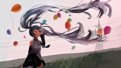Rule 34 | 1girl, absurdres, balloon, black skirt, black sleeves, blue hair, commentary request, cowboy shot, detached sleeves, dusk, grass, grey shirt, hatsune miku, highres, long hair, long sleeves, outdoors, parted lips, pink sky, power lines, shirt, shiyomifu, skirt, sky, sleeveless, sleeveless shirt, solo, sunset, transmission tower, twintails, very long hair, vocaloid