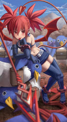 Rule 34 | 1girl, bat wings, blush, choker, demon girl, demon tail, demon wings, disgaea, earrings, elbow gloves, etna (disgaea), flat chest, gloves, highres, jewelry, looking at viewer, makai senki disgaea, medium hair, navel, pointy ears, prinny, red eyes, red hair, silvertsuki, skirt, skull earrings, smile, solo, tail, thighhighs, tongue, tongue out, twintails, wings
