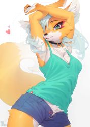Rule 34 | 1girl, :3, animal ear fluff, animal ears, animal hands, animal nose, aqua shirt, armpits, arms up, artist name, blue shorts, body fur, breasts, claws, cleavage, cowboy shot, eyeliner, female focus, fox ears, fox girl, fox tail, furry, furry female, green eyes, grey hair, hair over one eye, happy, heart, highres, inuki (aruurara), long hair, looking at viewer, makeup, medium breasts, no bra, one eye covered, open clothes, open fly, open mouth, open shorts, original, red eyeliner, shirt, short shorts, shorts, signature, sleeveless, sleeveless shirt, smile, snout, solo, standing, tail, tail raised, two-tone fur, unbuttoned, white background, white fur, yellow fur