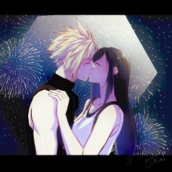 Rule 34 | 1boy, 1girl, bare shoulders, black hair, blonde hair, breasts, closed eyes, cloud strife, collarbone, commentary, couple, crop top, final fantasy, final fantasy vii, final fantasy vii rebirth, final fantasy vii remake, fireworks, from side, hand on another&#039;s shoulder, hetero, highres, kiss, light blush, long hair, medium breasts, night, night sky, short hair, sidelocks, sky, sleeveless, sleeveless turtleneck, spiked hair, star (sky), starry sky, suspenders, sweater, swept bangs, tank top, tifa lockhart, toa ot, turtleneck, turtleneck sweater, upper body, white tank top