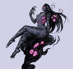 Rule 34 | 1girl, arm support, artist name, black hair, breasts, claws, colored skin, crossed legs, eldritch abomination, extra eyes, from side, grey background, grey skin, hand up, highres, large breasts, long hair, original, pink eyes, sharp toenails, simple background, sitting, solo, toenails, yourfreakyneighbourh