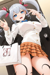 Rule 34 | 1girl, :d, absurdres, bag, black panties, blue bow, blue bowtie, blue eyes, bow, bowtie, breasts, brown skirt, collared shirt, cowboy shot, demon girl, demon horns, demon wings, dress shirt, drill hair, earrings, facial mark, from below, hands up, heart, heart-shaped pupils, highres, horns, jewelry, large breasts, long sleeves, looking at viewer, miniskirt, nail polish, niliu chahui, open mouth, original, panties, pantyshot, plaid, plaid skirt, pleated skirt, purple nails, quad drills, shione (niliu chahui), shirt, shopping bag, sidelocks, silver hair, skirt, smile, solo, standing, striped bow, striped bowtie, striped clothes, striped neckwear, symbol-shaped pupils, tail, twintails, underwear, v, white shirt, wings