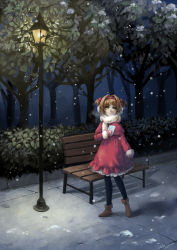 Rule 34 | 10s, 1990s (style), 1girl, 2013, ankle boots, antenna hair, bench, black pantyhose, boots, breath, brown footwear, brown hair, bush, capelet, cardcaptor sakura, cherry blossoms, dated, dress, earmuffs, envelope, fur trim, green eyes, hairband, highres, kinomoto sakura, lamppost, legs apart, looking away, looking to the side, mittens, neeta, night, outdoors, pantyhose, park, park bench, pavement, plant, red dress, retro artstyle, scarf, shadow, short hair, signature, snow, snowing, solo, standing, tree, two side up, white scarf, winter clothes