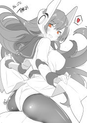 Rule 34 | 1girl, ass, belt, blush, breasts, girl on top, girls&#039; frontline, hair between eyes, heart, highres, jacket, leotard, long hair, long sleeves, medium breasts, monochrome, open mouth, pants, pantyhose, red eyes, robot ears, sailor collar, sexually suggestive, tailcoat, tar-21 (girls&#039; frontline), yamacchi