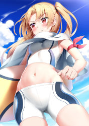 Rule 34 | 1girl, absurdres, arm ribbon, azur lane, bike shorts, blonde hair, blue sky, blush, cleveland (azur lane), cloud, day, from below, gluteal fold, highres, holding, holding behind back, holding surfboard, midriff, navel, nedia (nedia region), red eyes, red ribbon, ribbon, shirt, shorts, sky, sleeveless, smile, solo, standing, surfboard, tank top, white shirt, white shorts