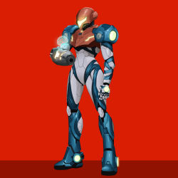 Rule 34 | 1girl, arm cannon, arm up, armor, full body, helmet, highres, holographic interface, james gray, looking down, metroid, metroid dread, nintendo, pauldrons, power armor, power suit, red background, samus aran, shoulder armor, solo, standing, visor, weapon