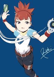Rule 34 | 1girl, absurdres, belt, belt pouch, blue background, blue pants, broken heart, card, denim, digimon, digimon tamers, digivice, female focus, from above, gerogeko, heart, highres, jeans, leather belt, looking at viewer, makino ruki, motion lines, open mouth, pants, pouch, purple eyes, red hair, shirt, simple background, white shirt