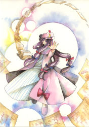 Rule 34 | 1girl, book, cloak, female focus, full body, hair ribbon, hat, no nose, one eye closed, outstretched arm, outstretched hand, painting (medium), paper, patchouli knowledge, purple hair, ribbon, slippers, solo, touhou, traditional media, tsuru (680597), watercolor (medium), white background, wink