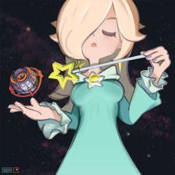 Rule 34 | 1girl, 2018, blonde hair, brooch, crossover, dress, earrings, closed eyes, hair over one eye, highres, holding, jewelry, lace, lips, mario (series), nail polish, nintendo, onionsketch, rosalina, size difference, space, transformers, unicron, wand