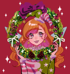 Rule 34 | 1girl, blonde hair, christmas, clownpiece, dress, earrings, facial mark, fairy, fairy wings, fingernails, hat, jester cap, jewelry, konoha217, long hair, long sleeves, pink eyes, red background, smile, solo, sparkle, star (symbol), star earrings, star print, striped clothes, striped dress, tongue, tongue out, touhou, upper body, wings