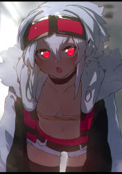 Rule 34 | 1girl, absurdres, black shorts, black thighhighs, blurry, blurry background, breasts, covered erect nipples, cowboy shot, fur trim, glowing, glowing eyes, goggles, goggles on head, hair between eyes, highres, jacket, leaning forward, looking at viewer, niwamaru, niwarhythm, open mouth, original, red eyes, short hair, shorts, small breasts, solo, strapless, thighhighs, tube top, white hair