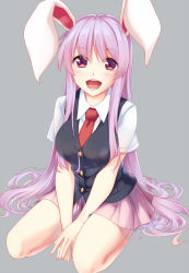 Rule 34 | 1girl, :d, animal ears, bad id, bad pixiv id, black vest, blush, breasts, commentary request, grey background, hisae (hisae collect), large breasts, long hair, looking at viewer, miniskirt, necktie, open mouth, pink skirt, pleated skirt, purple hair, rabbit ears, red eyes, red necktie, reisen udongein inaba, seiza, shirt, short sleeves, sidelocks, simple background, sitting, skirt, smile, solo, thighs, touhou, very long hair, vest, white shirt