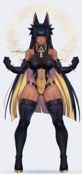 Rule 34 | 1girl, absurdres, animal ears, ankh, anput (nsfwolf), black hair, blonde hair, blunt bangs, blunt ends, boots, breasts, choker, commentary, covered navel, dark-skinned female, dark skin, elbow gloves, english commentary, full body, gloves, gluteal fold, grey background, highres, jackal ears, large breasts, leotard, long hair, looking at viewer, multicolored hair, muscular, muscular female, nsfwolf, o-ring, original, simple background, solo, spiked choker, spikes, standing, thigh boots, twitter username, two-tone hair, very long hair, watermark