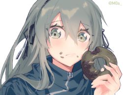 Rule 34 | 1girl, closed mouth, commentary request, doughnut, eating, food, girls&#039; frontline, green eyes, green hair, hair between eyes, hair ribbon, holding, long hair, looking at viewer, moa (21energy12), ribbon, simple background, solo, ump40 (girls&#039; frontline), white background