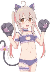 Rule 34 | 1girl, @ @, ahoge, animal ear fluff, animal ears, animal hands, bare shoulders, bell, black bra, black gloves, black panties, blush, bow, bra, brown eyes, brown hair, cat cutout, cat ears, cat girl, cat lingerie, cat tail, cleavage cutout, clothing cutout, collarbone, commentary request, frilled bra, frills, genderswap, genderswap (mtf), gloves, groin, hair between eyes, hands up, highres, jingle bell, kemonomimi mode, long hair, meme attire, navel, onii-chan wa oshimai!, open mouth, oyama mahiro, panties, paw gloves, pink bow, simple background, solo, standing, tail, tail bell, tail bow, tail ornament, takasuma hiro, tears, twintails, underwear, underwear only, very long hair, white background