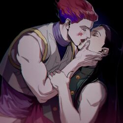 Rule 34 | 2boys, alternate hairstyle, arm grab, bare shoulders, black background, black hair, blush, closed eyes, crop top, face-to-face, facing another, french kiss, from side, hair slicked back, hand on another&#039;s arm, hand on another&#039;s cheek, hand on another&#039;s face, highres, hunter x hunter, illumi zoldyck, killua0u0, kiss, korean commentary, leaning forward, leaning on person, long hair, long sleeves, male focus, multiple boys, open mouth, profile, red hair, runny makeup, saliva, short hair, sleeveless, tongue, tongue out, upper body, wince, yaoi