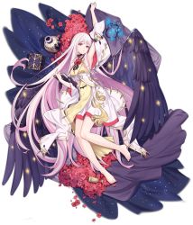 Rule 34 | 1girl, absurdly long hair, ark order, armpits, barefoot, bed sheet, black wings, blue butterfly, book, bug, butterfly, cage, chalice, cup, detached sleeves, dress, feathered wings, flower, full body, gold trim, highres, holding, holding book, holding sheet, hypnos (ark order), insect, jewelry, lan ren hui, laurels, long hair, long sleeves, looking at viewer, lying, neck flower, necklace, official art, on back, parted lips, pink flower, pink hair, red eyes, solo, space, sparkle, transparent background, two-tone dress, vase, very long hair, white dress, wing ornament, wings, yellow dress