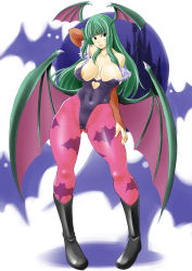 Rule 34 | 1girl, animal print, areola slip, bare shoulders, bat print, bat wings, blue eyes, blush, boots, breasts, bridal gauntlets, cameltoe, capcom, covered erect nipples, demon girl, elbow gloves, gloves, green hair, head wings, highres, knee boots, large breasts, leotard, lips, long hair, morrigan aensland, pantyhose, print pantyhose, ryoushun, solo, thick thighs, thighs, vampire (game), wings