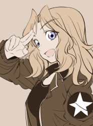 Rule 34 | 10s, 1girl, black shirt, blonde hair, blue eyes, brown background, brown jacket, commentary request, emblem, flat color, girls und panzer, hair intakes, jacket, kay (girls und panzer), long hair, looking at viewer, md5 mismatch, military, military uniform, mituki (mitukiiro), open mouth, salute, saunders military uniform, shirt, simple background, smile, solo, star (symbol), two-finger salute, uniform, upper body