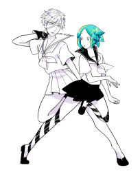 Rule 34 | 2others, alternate costume, androgynous, antarcticite, aqua eyes, aqua hair, artist request, contemporary, full body, gloves, green eyes, green hair, hair between eyes, houseki no kuni, long bangs, looking at another, multiple others, phosphophyllite, sailor collar, school uniform, short hair, skirt, sparkle, spoilers, white background, white eyes, white hair
