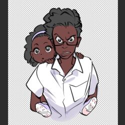 Rule 34 | . ., 1boy, 1girl, baby, boots, brother and sister, carrying, curious, dark skin, glasses, grey eyes, gyosone, holding, original, piggyback, siblings, toddler, unfinished