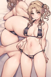 Rule 34 | 1girl, ass, bare back, bare shoulders, bikini, black bikini, blush, bracelet, breasts, brown eyes, brown hair, cleavage, closed mouth, collarbone, feet out of frame, gluteal fold, hair bun, highres, ichikawa hinana, idolmaster, idolmaster shiny colors, jewelry, jp06, large breasts, long hair, looking at viewer, lying, multiple views, on stomach, parted bangs, side bun, single hair bun, single side bun, smile, swimsuit, thighs