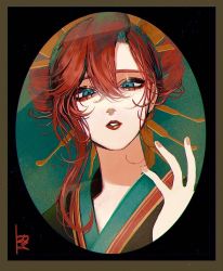 Rule 34 | 1girl, aqua eyes, archived source, bad id, bad twitter id, border, brown border, hair between eyes, hand up, highres, japanese clothes, kamato il, kimono, long hair, looking at viewer, nail polish, original, parted lips, pink nails, portrait, red hair, shadow, solo