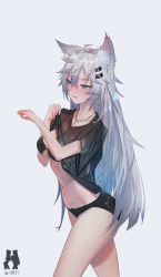 Rule 34 | 1girl, absurdres, ahoge, animal ear fluff, animal ears, arknights, artist name, bad id, bad pixiv id, bare legs, black bra, black panties, black shirt, blue eyes, blush, bra, breasts, cleavage, clothes lift, cowboy shot, eyelashes, grey background, hair ornament, hairclip, highres, jewelry, lappland (arknights), long hair, medium breasts, midriff, navel, necklace, omone hokoma agm, panties, parted lips, ring, ring necklace, see-through, shirt, shirt lift, silver hair, simple background, smile, solo, thighs, underwear, wolf ears