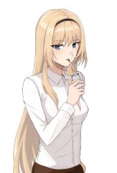 Rule 34 | 1girl, an-94 (girls&#039; frontline), blonde hair, breasts, cigarette, fire, girls&#039; frontline, green eyes, hairband, lighter, long hair, looking at viewer, shirt, silayloe, small breasts, smoke, smoking, solo, white background, white shirt