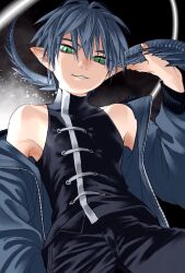 Rule 34 | 1boy, black background, blue hair, blue jacket, dragon boy, dragon tail, gr178rg, green eyes, grin, highres, holding own tail, jacket, long sleeves, looking at viewer, male focus, multicolored background, original, pointy ears, short hair, sleeveless, slit pupils, smile, solo, tail, turtleneck