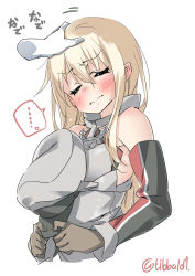 Rule 34 | ..., 10s, 1girl, anchor, bad id, bad twitter id, bismarck (kancolle), blonde hair, blush, brown gloves, closed eyes, closed mouth, commentary request, detached sleeves, ebifurya, gloves, hair between eyes, hat, unworn hat, headpat, unworn headwear, highres, holding, holding clothes, holding hat, inactive account, kantai collection, long hair, long sleeves, motion lines, peaked cap, sidelocks, simple background, solo focus, speech bubble, spoken ellipsis, twitter username, upper body, white background