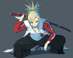 Rule 34 | 1girl, absurdres, baggy pants, barefoot, black pants, bleach, blonde hair, breasts, brown eyes, commentary request, flip-flops, hand on weapon, heel up, highres, jacket, katana, looking at viewer, open clothes, open jacket, open mouth, pants, red jacket, sandals, sarugaki hiyori, shirt, short ponytail, shumazarashi, simple background, small breasts, solo, squatting, sword, track jacket, vest, weapon, weapon on back, white shirt, white vest
