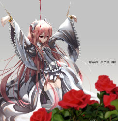 Rule 34 | 10s, 1girl, alternate color, blood, blood on clothes, blood on face, blurry, bound, bow, brooch, chain, cuffs, depth of field, dress, dripping, english text, flower, frilled sleeves, frills, grey background, hair ornament, jewelry, kero sweet, kneeling, krul tepes, long hair, long sleeves, owari no seraph, pink hair, pointy ears, puffy long sleeves, puffy sleeves, red eyes, red flower, red rose, reflection, ribbon, rose, shackles, shade, signature, solo, text focus, thighhighs, tied up (nonsexual), very long hair, white bow, white dress, white ribbon, white thighhighs, wide sleeves
