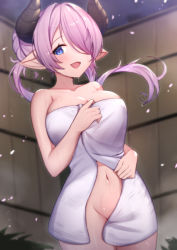 Rule 34 | 1girl, bare shoulders, blue eyes, blush, braid, breasts, cherry blossoms, cleavage, commentary, draph, granblue fantasy, hair over one eye, highres, horns, large breasts, light purple hair, long hair, looking at viewer, low tied hair, narmaya (granblue fantasy), open mouth, pointy ears, purple hair, single braid, smile, solo, steam, symbol-only commentary, uneg