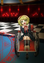 Rule 34 | 1girl, absurdres, black dress, black wallls, blue rug, breasts, calf socks, candle, candles, candlestand, chair, checkered floor, child, danganronpa (series), danganronpa another episode: ultra despair girls, diamond (shape), dress, finger to mouth, full body, glass ceiling, green eyes, green hair, hand on knee, hand up, highres, legs together, long eyelashes, looking at viewer, magic circle, matching hair/eyes, medium breasts, neck ribbon, neckwear request, open mouth, red chair, red ribbon, red walls, ribbon, rug, sitting, socks, swastika, teeth, towa monaca, upper teeth only, wheel, wheelchair
