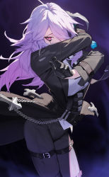 Rule 34 | 1girl, absurdres, black gloves, black survival, breasts, chiara (black survival), corset, cross, gloves, gradient hair, hair over one eye, highres, holding, holding sword, holding weapon, jacket, large breasts, long hair, long sleeves, looking at viewer, multicolored hair, official alternate costume, open clothes, open jacket, pink eyes, pink hair, purple hair, runny makeup, shirt, solo, standing, sword, thigh strap, tunamayo (dsasd751), weapon, white jacket, white shirt