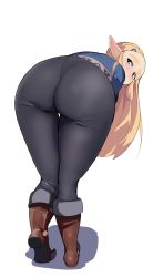 Rule 34 | 1girl, ass, ass focus, bent over, black pants, blonde hair, blush, boots, braid, brown footwear, centvie, crown braid, from behind, full body, gluteal fold, green eyes, hair ornament, hairclip, half updo, highres, huge ass, leaning, leaning forward, long hair, looking at viewer, looking back, nintendo, pants, pointy ears, princess zelda, shadow, shiny clothes, shirt, shoe soles, simple background, solo, standing, the legend of zelda, the legend of zelda: breath of the wild, thick thighs, thighs, tight clothes, tight pants, very long hair, white background